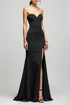 Formal Evening Strapless Dress Black High Slit Minimalist Fitted Floor-Length Dress