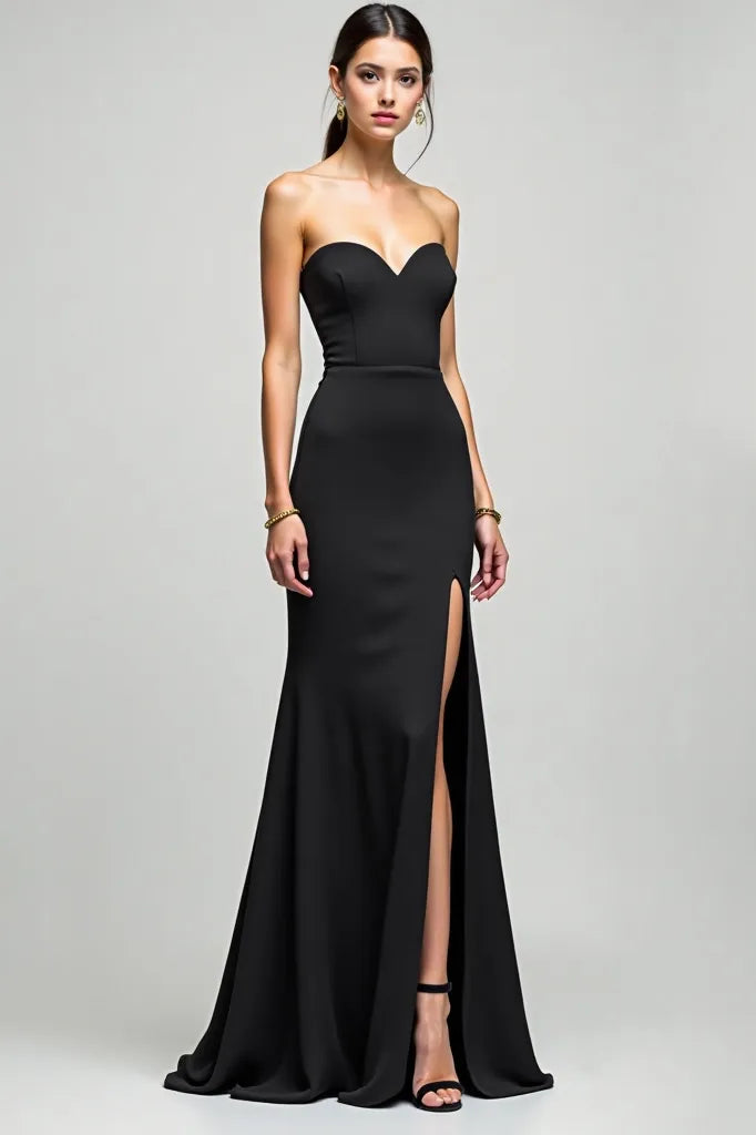 Formal Evening Strapless Dress Black High Slit Minimalist Fitted Floor-Length Dress