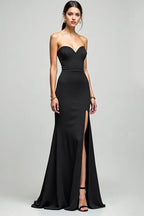 Formal Evening Strapless Dress Black High Slit Minimalist Fitted Floor-Length Dress