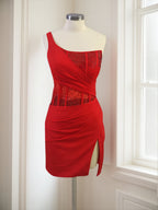 Bodycon One Shoulder Satin Short Homecoming Dresses with Slit