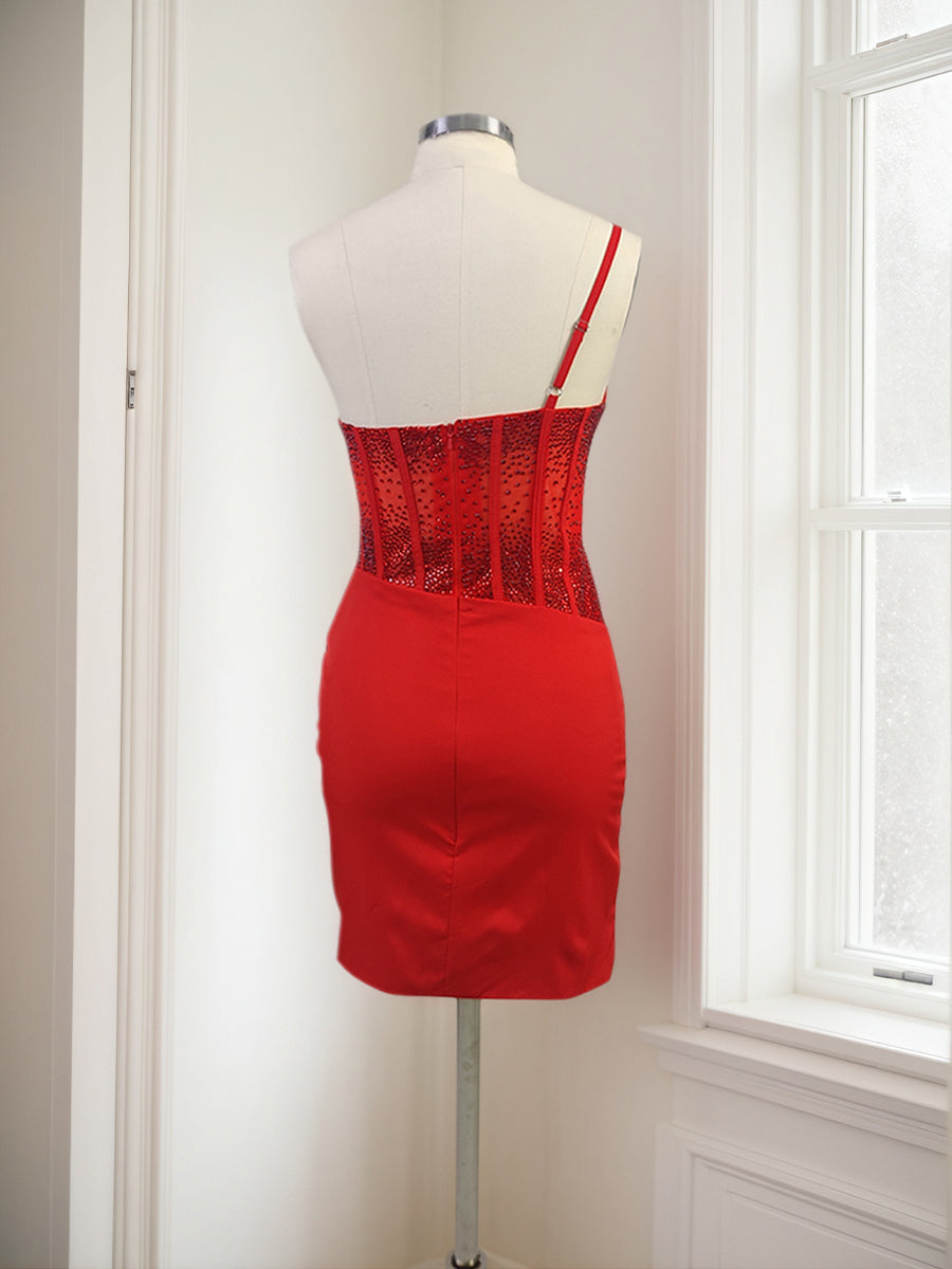 Bodycon One Shoulder Satin Short Homecoming Dresses with Slit