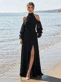 Cold-Shoulder Mock Neck Ruffled Chiffon Sleeve Bridesmaid Dress