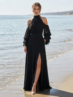 Cold-Shoulder Mock Neck Ruffled Chiffon Sleeve Bridesmaid Dress
