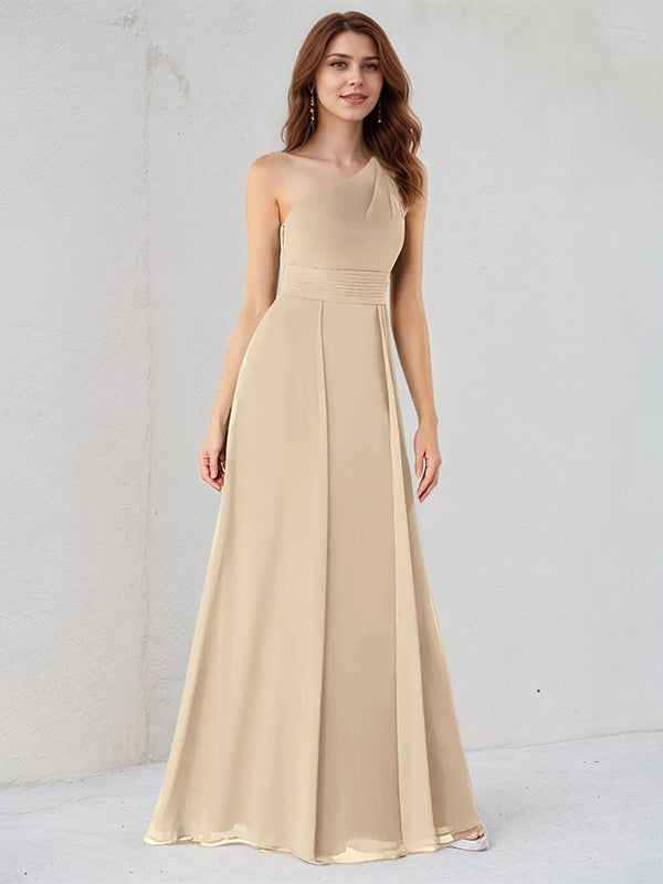 A Line Champagne Chiffon One Shoulder Sleeveless Floor Length Dress