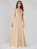 A Line Champagne Chiffon One Shoulder Sleeveless Floor Length Dress