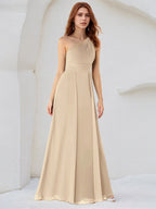 Champagne A Line Chiffon One Shoulder Sleeveless Floor Length Bridesmaid Dresses