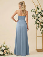 Simple Strapless Chiffon Pleat Slit Bridesmaid Dresses for Women