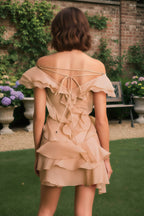 Off-the-Shoulder Mini Dress with Ruffled Layers and Lace-Up Back