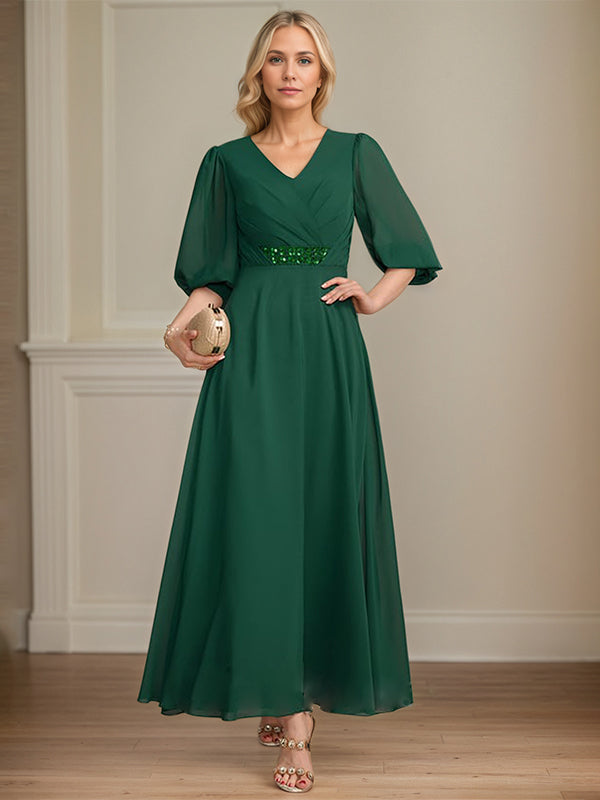 Vestido de madre de la novia en línea A, largo hasta el tobillo, de gasa con escote en V, lentejuelas plisadas y bordado
