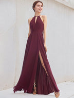Mulberry A-Line Halter Floor-Length Chiffon Bridesmaid Dress