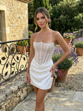 Strapless Pearl Beaded Corset Satin Mini Wedding Dress with Lace-Up Back
