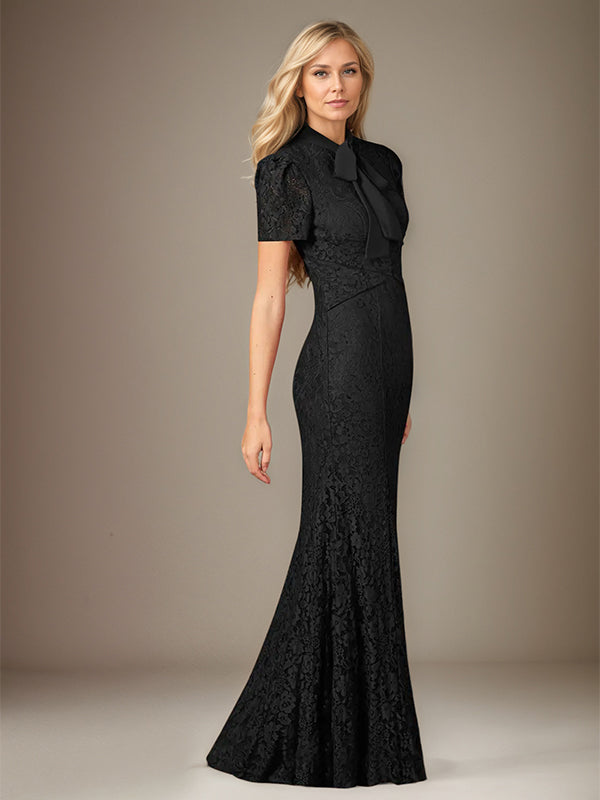 Black Chiffon Bow Tie Neckline Short Sleeves Floor Length Dress With Appliques