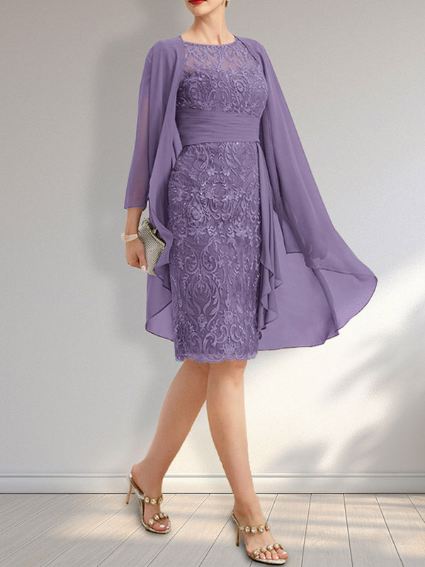 Etui Rundhals Illusions-Knie-lang Spitzen-Chiffon Brautmutterkleid mit Kaskaden-Rüschen und Pailletten