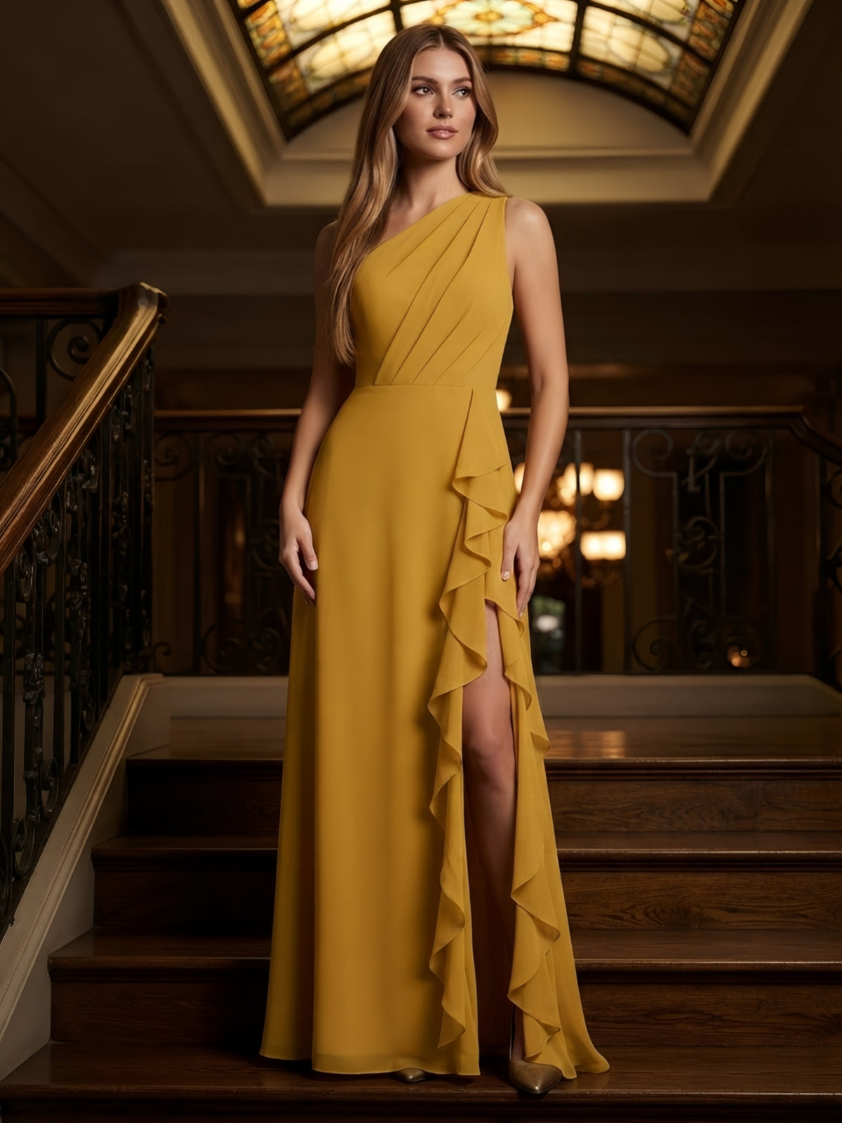 Mustard Yellow One-Shoulder Ruffled Chiffon Bridesmaid Dress