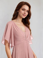 Abito da damigella lungo fino a terra in chiffon, linea a trapezio e scollo a V