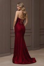 Strapless Cutout Gown with Lace-Up Back and High Slit Detail