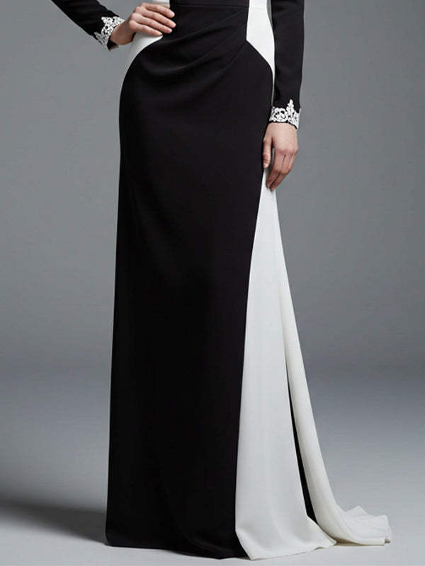 Formal Evening Gown Long Sleeve Black White Maxi Mermaid Dress