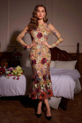 Long Sleeve Floral Embroidered Sheer Midi Gown
