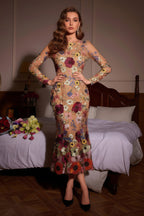 Long Sleeve Floral Embroidered Sheer Midi Gown