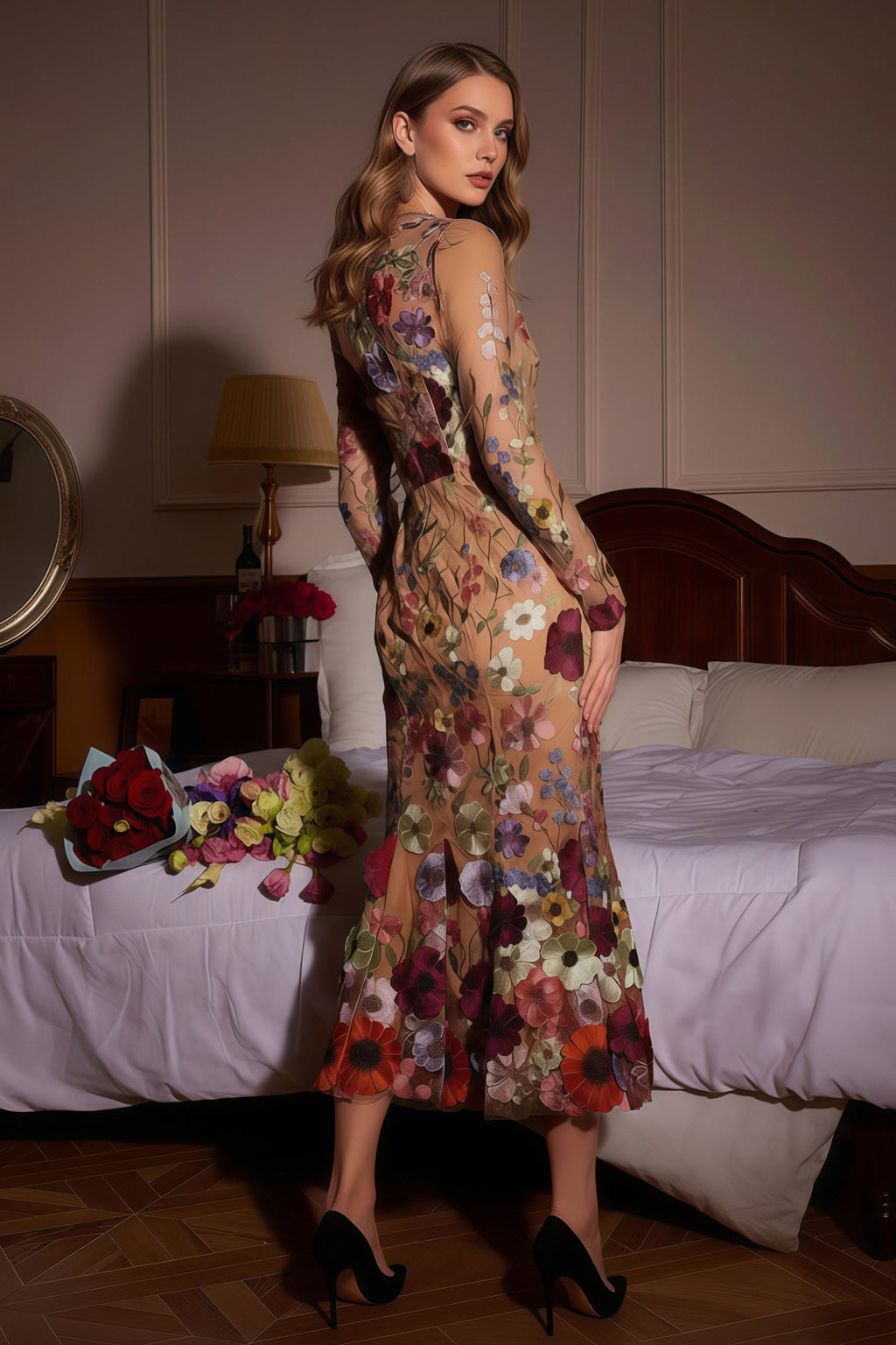Long Sleeve Floral Embroidered Sheer Midi Gown