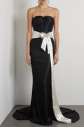 Elegant Evening Dress Satin Strapless Mermaid White Belt Rhinestone Dress