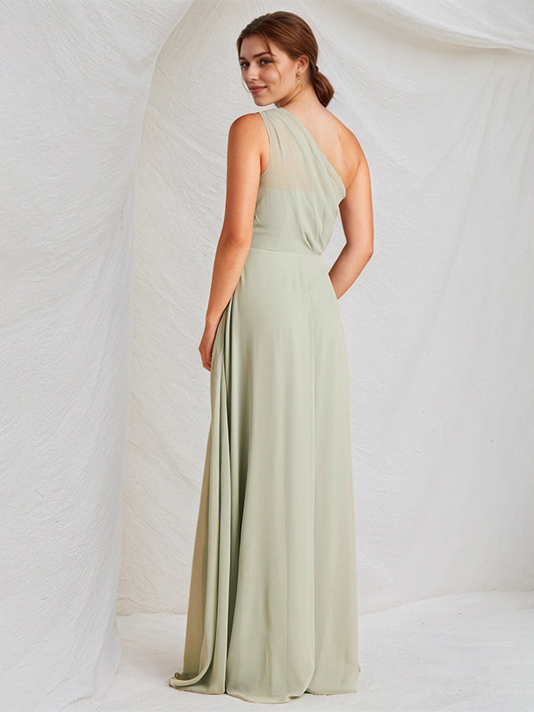 A Line Sage Chiffon One Shoulder Sleeveless Floor Length Dress