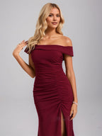 Trumpet/Mermaid Off the Shoulder Floor-Length Stretch Crepe Bridesmaid Dress With Ruffle