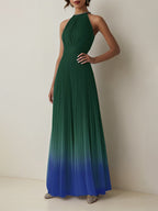 Evening Halter Dress Green-Blue Ombre Pleated Chiffon Floor-Length  Dress