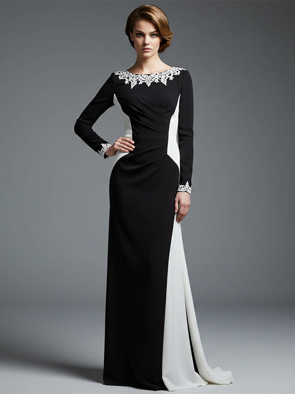 Formal Evening Gown Long Sleeve Black White Maxi Mermaid Dress