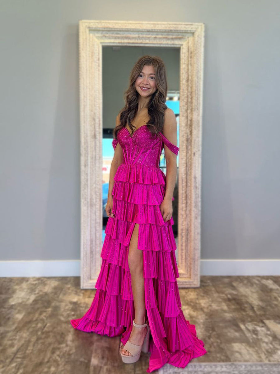 A Line Off the Shoulder Tiered Beaded Prom Dress with Slit