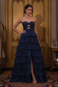 Strapless Tiered Ruffle Evening Gown with Cutout Bodice