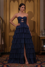 Strapless Tiered Ruffle Evening Gown with Cutout Bodice
