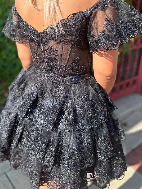 A Line Off the Shoulder Appliques Tiered Ruffle Homecoming Dress