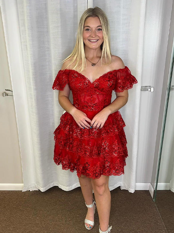 A Line Off the Shoulder Appliques Tiered Ruffle Homecoming Dress