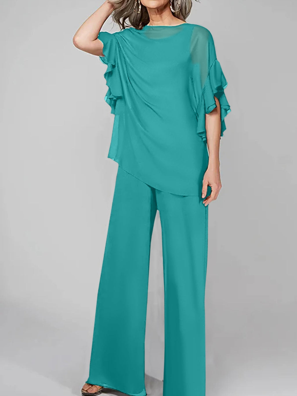 Tuta in chiffon con scollo rotondo e maniche a tre quarti, pantaloni per madre della sposa