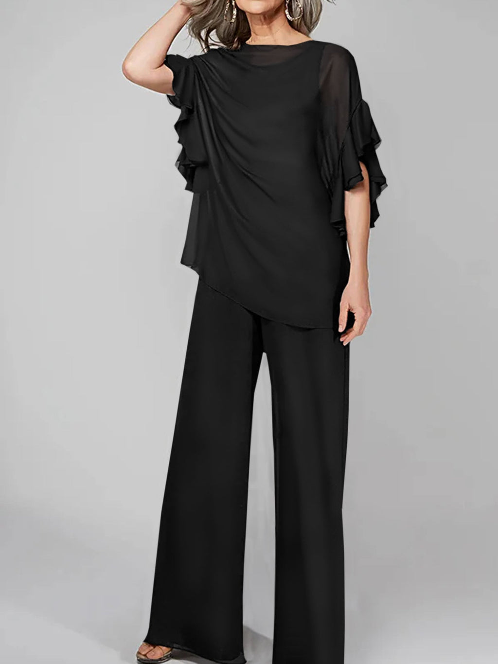 Tuta in chiffon con scollo rotondo e maniche a tre quarti, pantaloni per madre della sposa