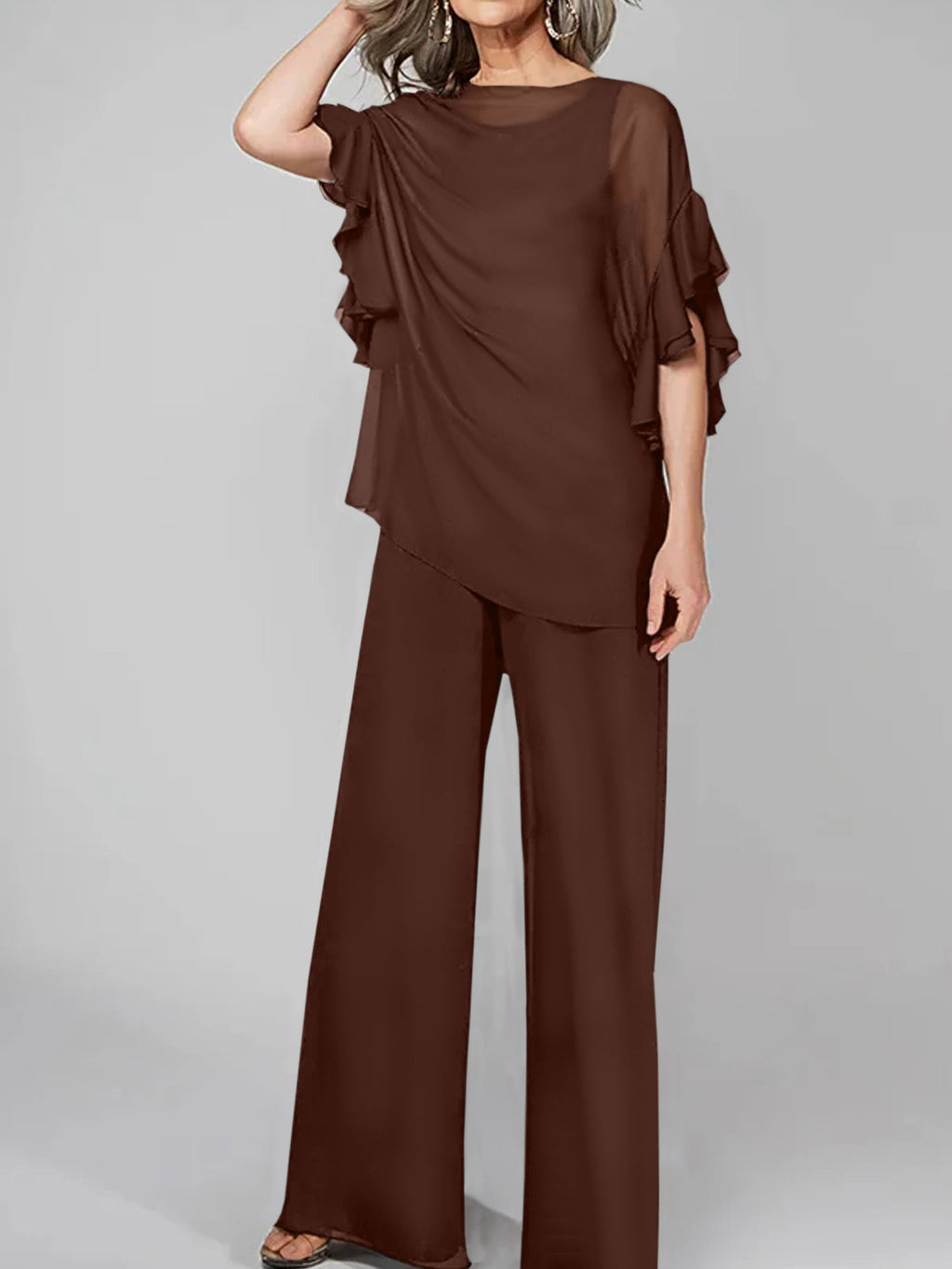 Tuta in chiffon con scollo rotondo e maniche a tre quarti, pantaloni per madre della sposa