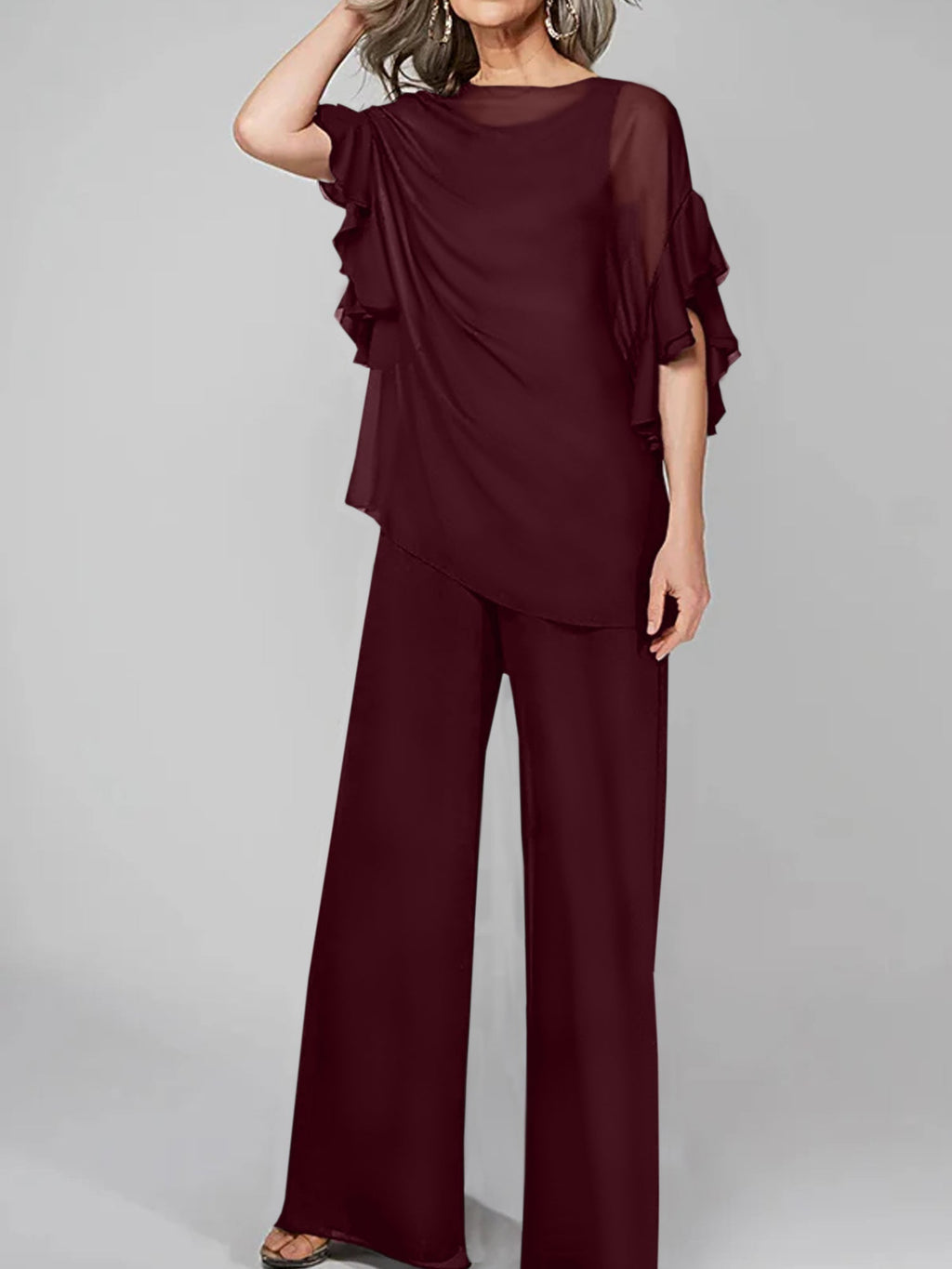 Tuta in chiffon con scollo rotondo e maniche a tre quarti, pantaloni per madre della sposa