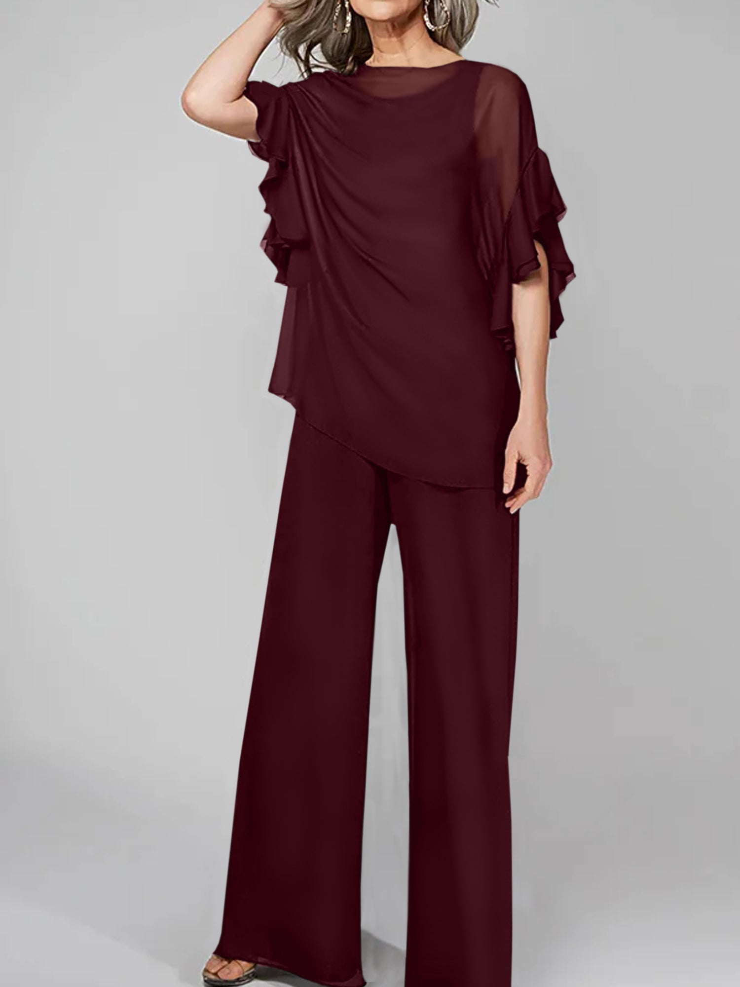 Tuta in chiffon con scollo rotondo e maniche a tre quarti, pantaloni per madre della sposa