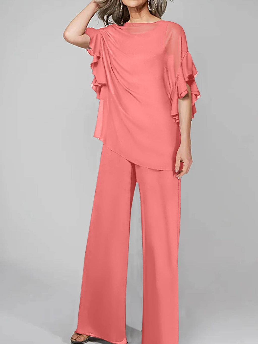 Tuta in chiffon con scollo rotondo e maniche a tre quarti, pantaloni per madre della sposa
