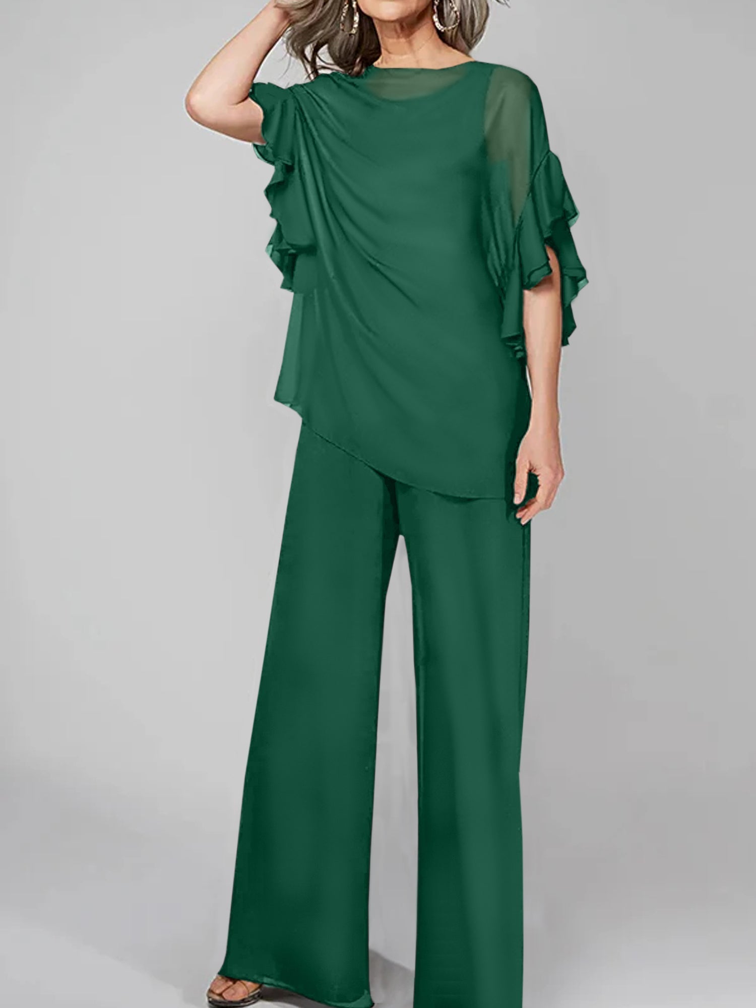 Tuta in chiffon con scollo rotondo e maniche a tre quarti, pantaloni per madre della sposa