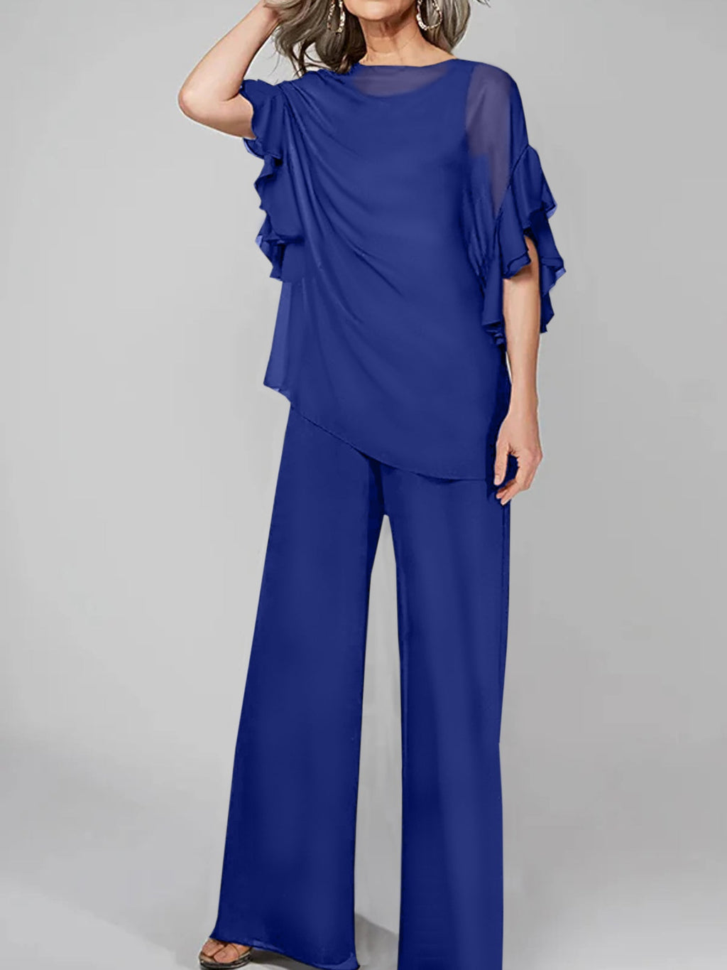 Tuta in chiffon con scollo rotondo e maniche a tre quarti, pantaloni per madre della sposa
