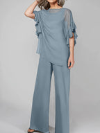 Tuta in chiffon con scollo rotondo e maniche a tre quarti, pantaloni per madre della sposa