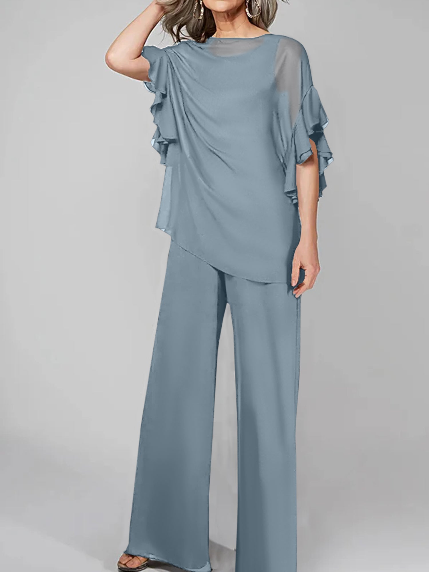 Tuta in chiffon con scollo rotondo e maniche a tre quarti, pantaloni per madre della sposa