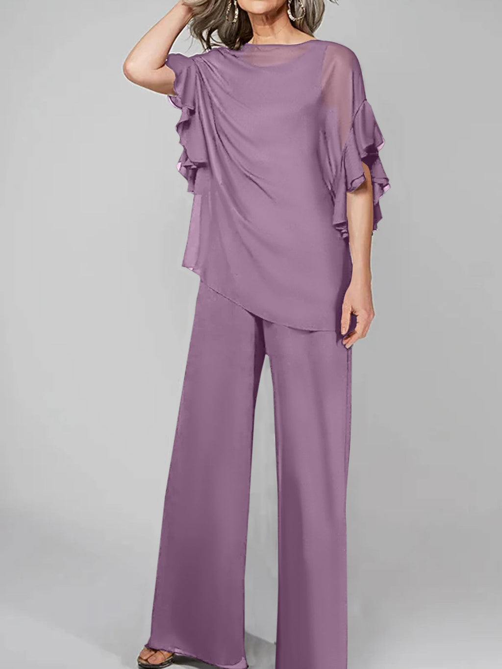 Tuta in chiffon con scollo rotondo e maniche a tre quarti, pantaloni per madre della sposa