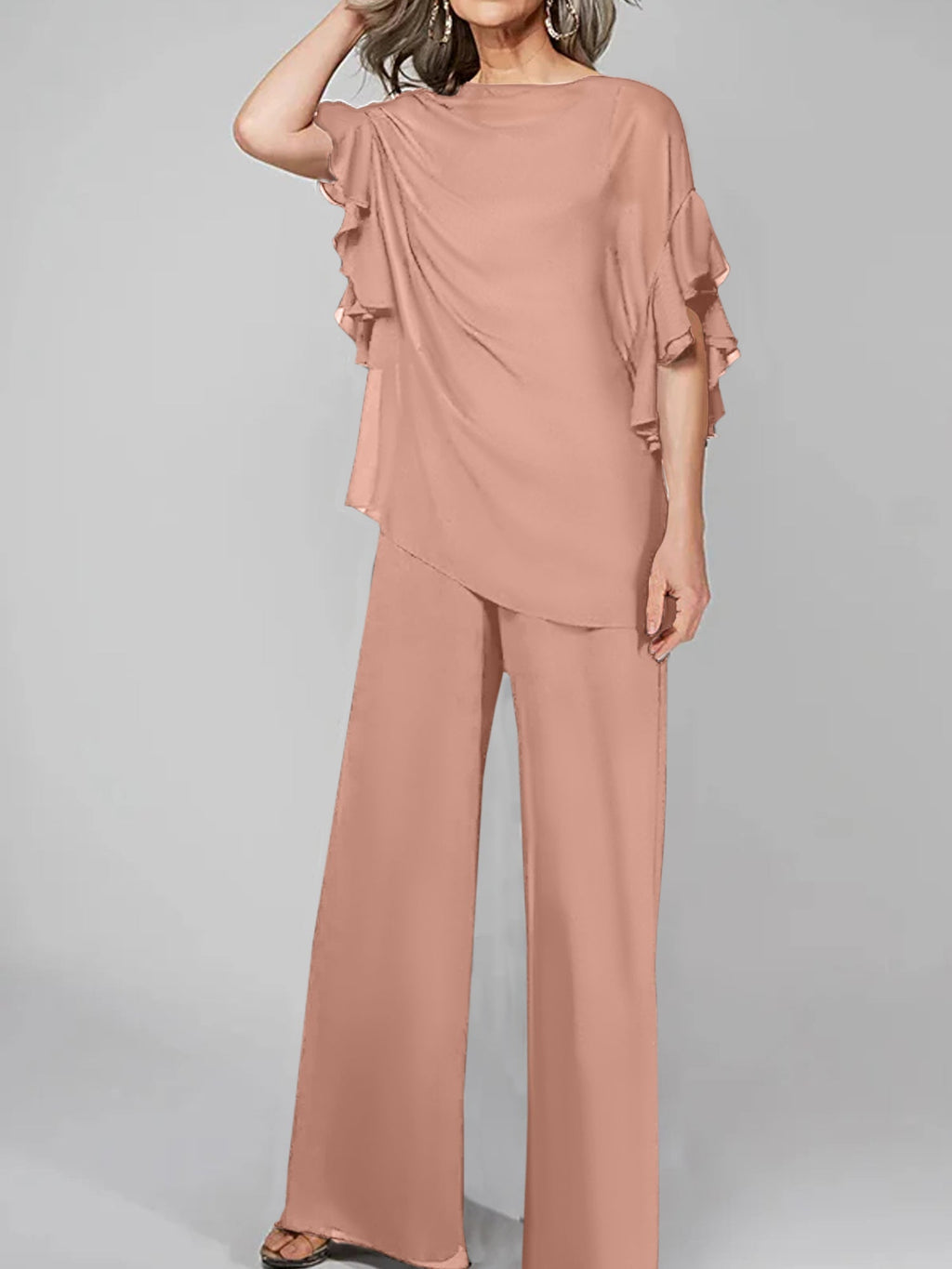 Tuta in chiffon con scollo rotondo e maniche a tre quarti, pantaloni per madre della sposa