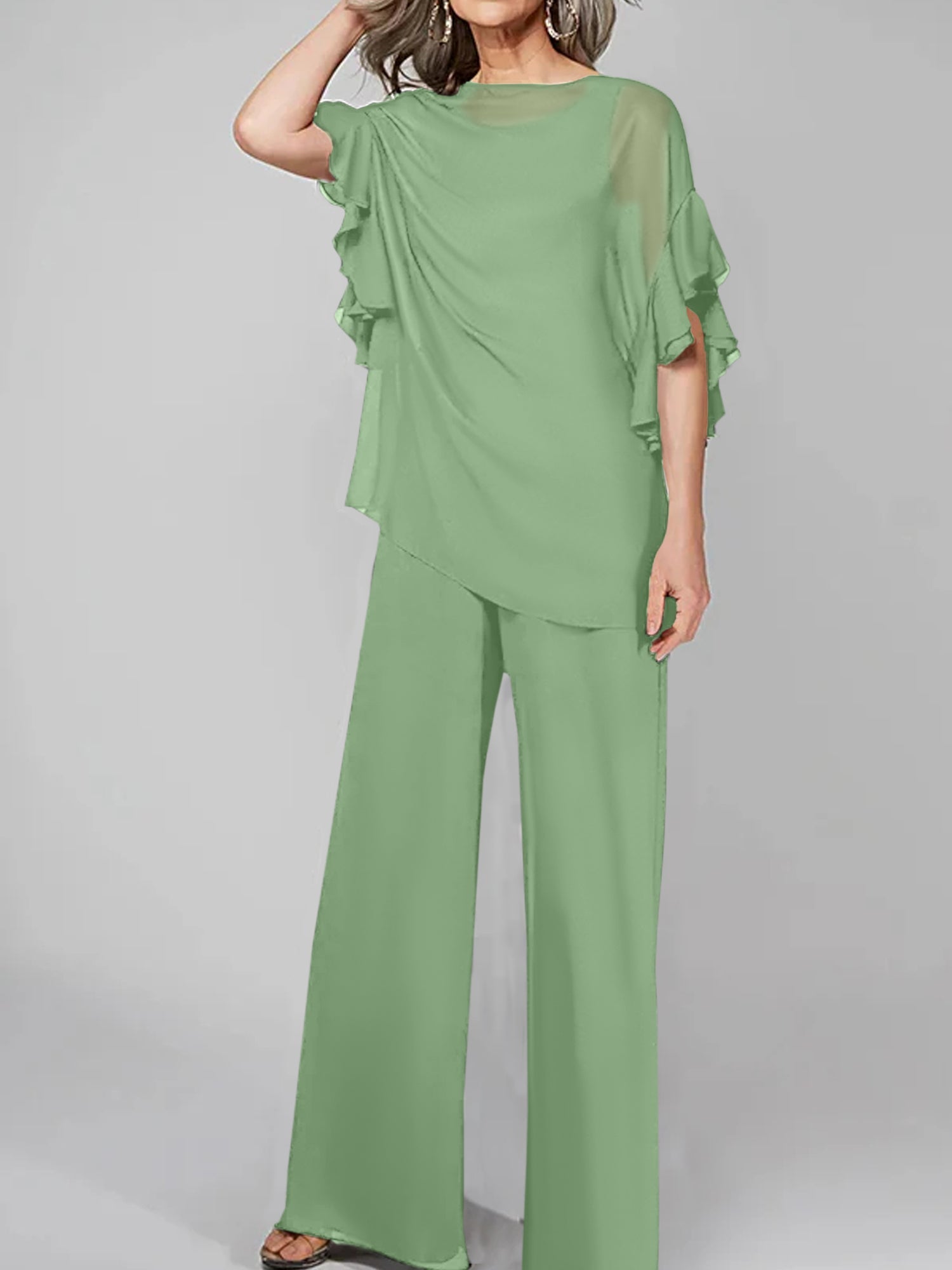 Tuta in chiffon con scollo rotondo e maniche a tre quarti, pantaloni per madre della sposa