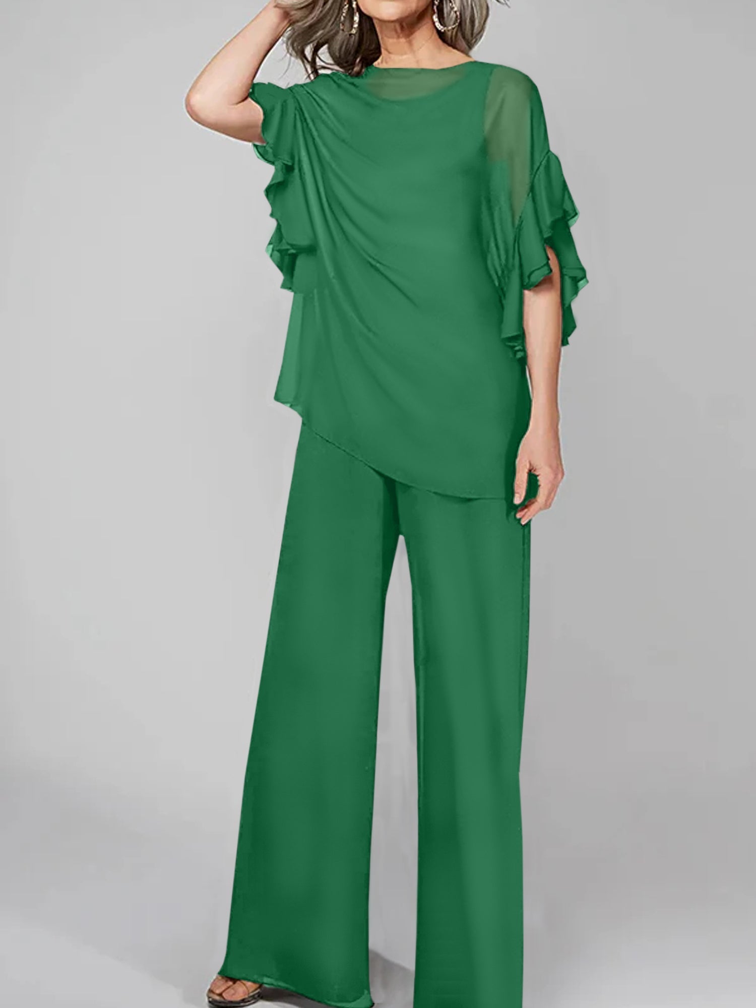 Tuta in chiffon con scollo rotondo e maniche a tre quarti, pantaloni per madre della sposa