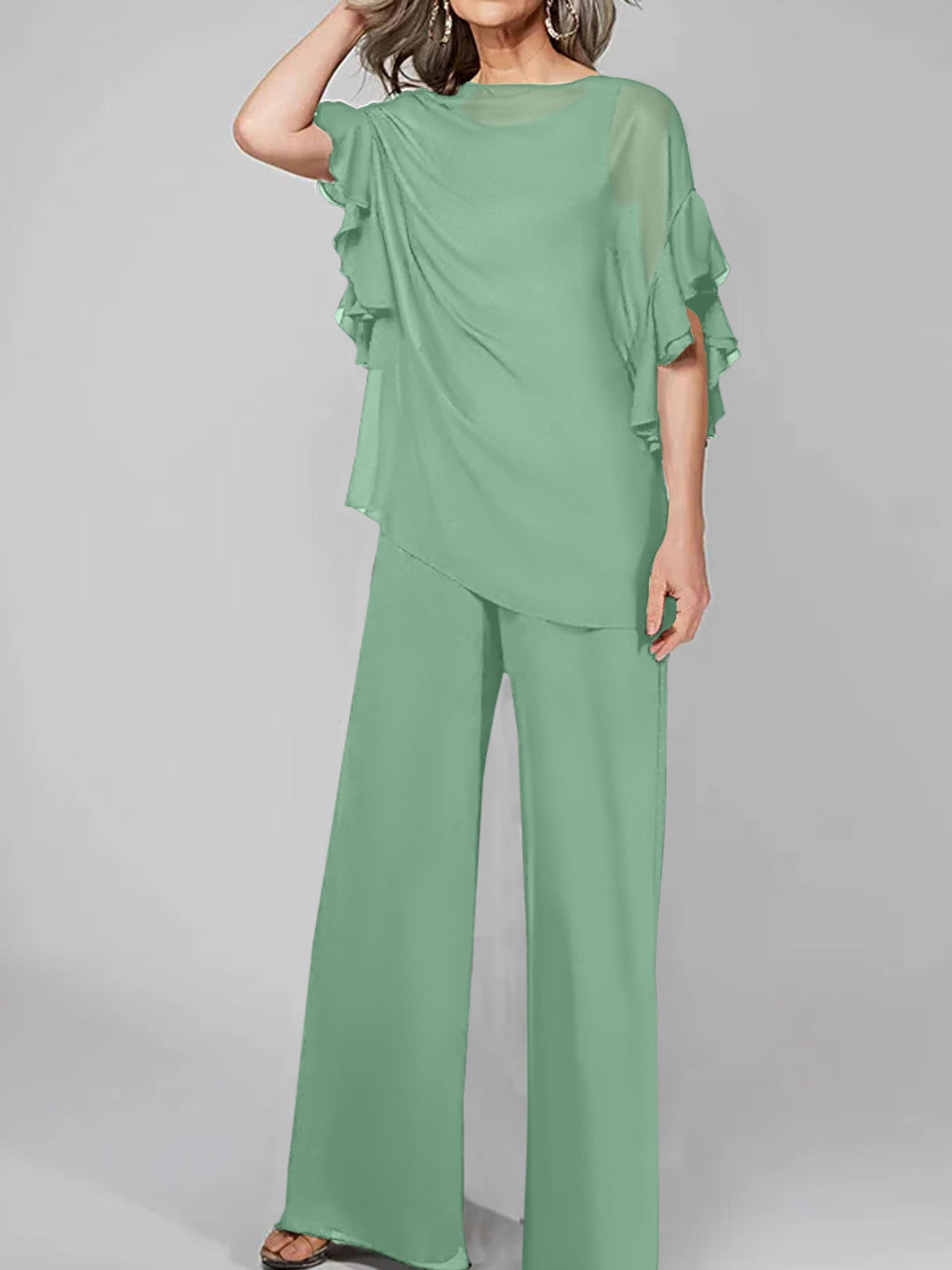 Tuta in chiffon con scollo rotondo e maniche a tre quarti, pantaloni per madre della sposa