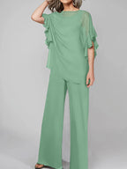 Tuta in chiffon con scollo rotondo e maniche a tre quarti, pantaloni per madre della sposa
